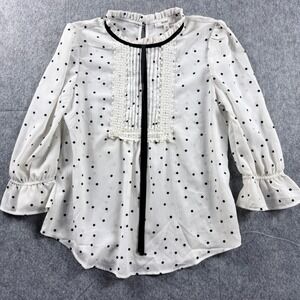 MINE Womens Polka Dot Lace Bib Ruffle Neck Blouse White Black TB3880 Size M